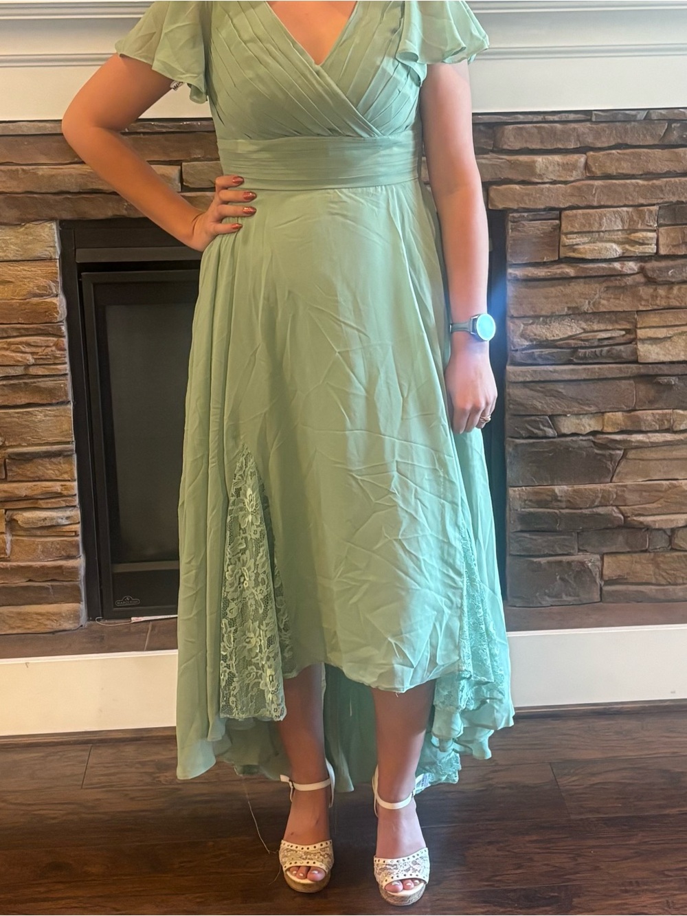 Dusty Sage Green High-Low Formal Dress - Size 2 Lace Chiffon Corset Back